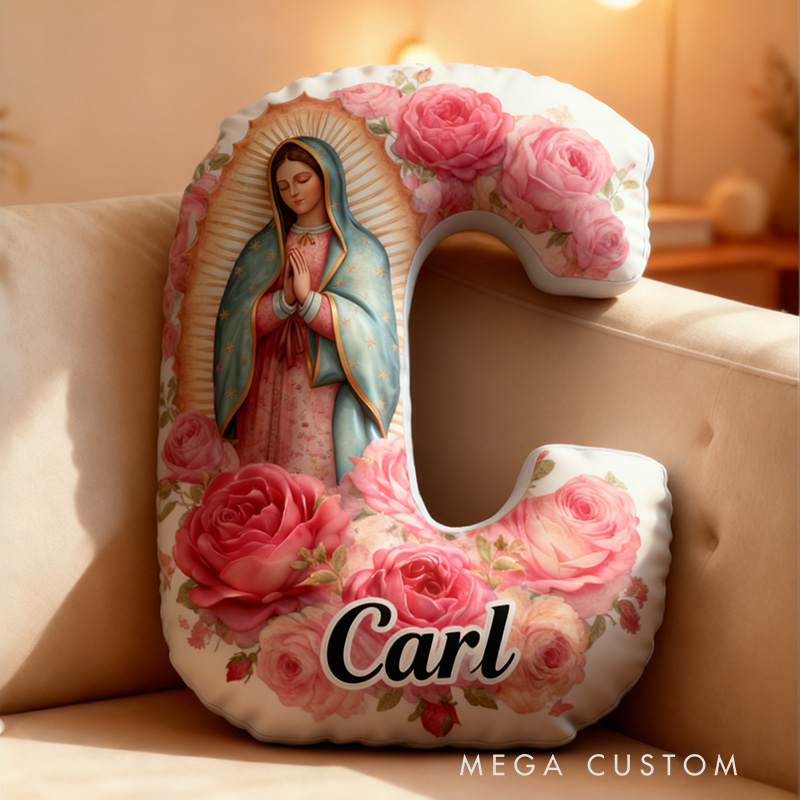 Personalized Virgen de Guadalupe Letter Pillow with Custom Name Religious Home Decor Catholic Gift for Her La Guadalupana Pink Rose Graphic 3D Print