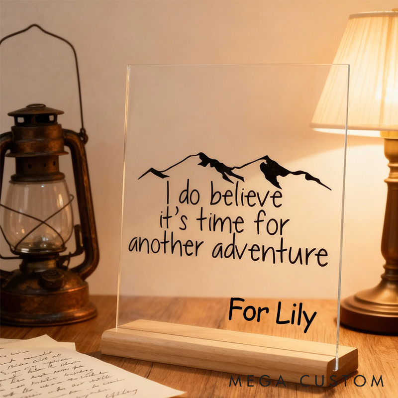Personalized Adventure Awaits Acrylic Display with Wooden Base for Travel Lovers