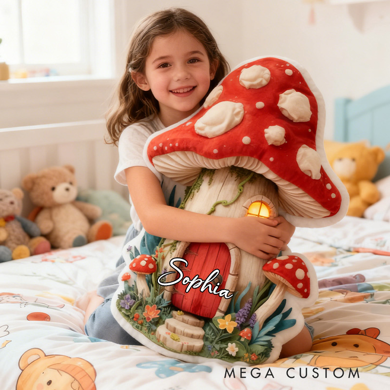 Personalized Mushroom Houses Pillow Graphic 3D Print Custom Name Cottagecore Pillow Gift for Kids Famlily Housewarming Gift