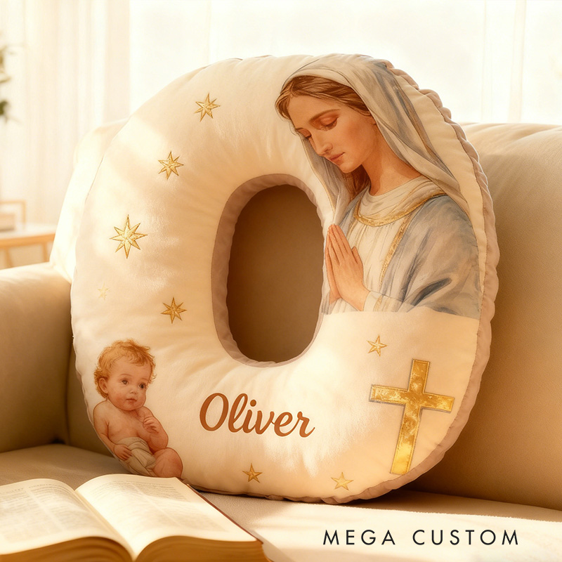Personalized the Virgin Mary and baby Jesus Letter Pillow with Custom Name Religious Home Decor Graphic 3D Print Pillow Christian Gift Faith Gift