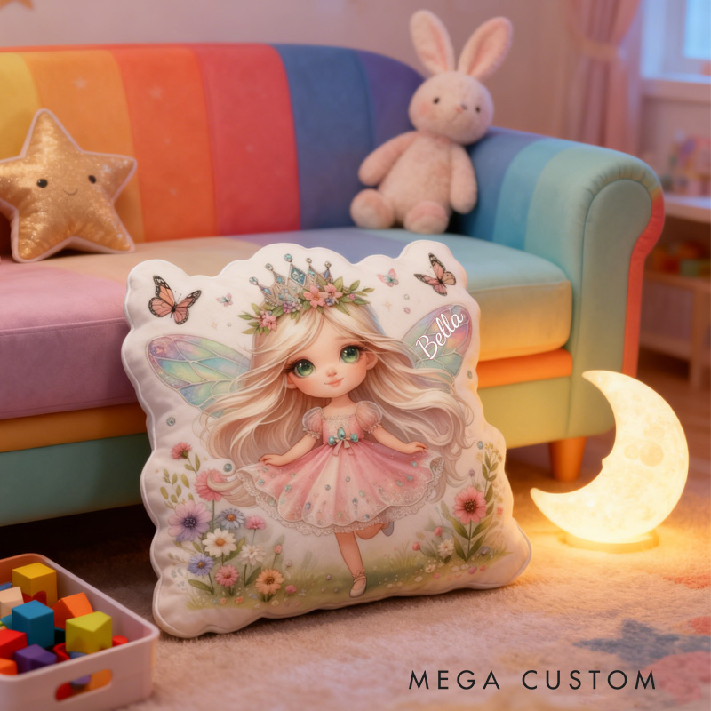 Personalized Cute Fairy Throw Pillow Graphic 3D Print Garden Fairy Pillow with Name Pillow for Kids Girl Boy Gardener Christmas Gifts Loving Room Decor