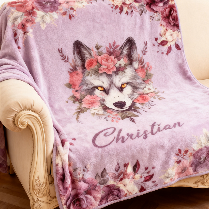 Personalized Floral Wolf Blanket Outdoor Wildlife Enthusiast Blanket Gift for Outdoor Hunting Enthusiasts