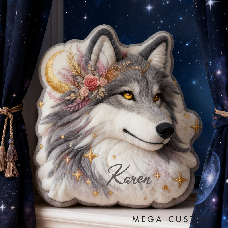 Personalized Elegant Celestial Wolf Cushion Pillow Sparkling Wolf Pillow Gift for Kid Outdoor Nature Lover