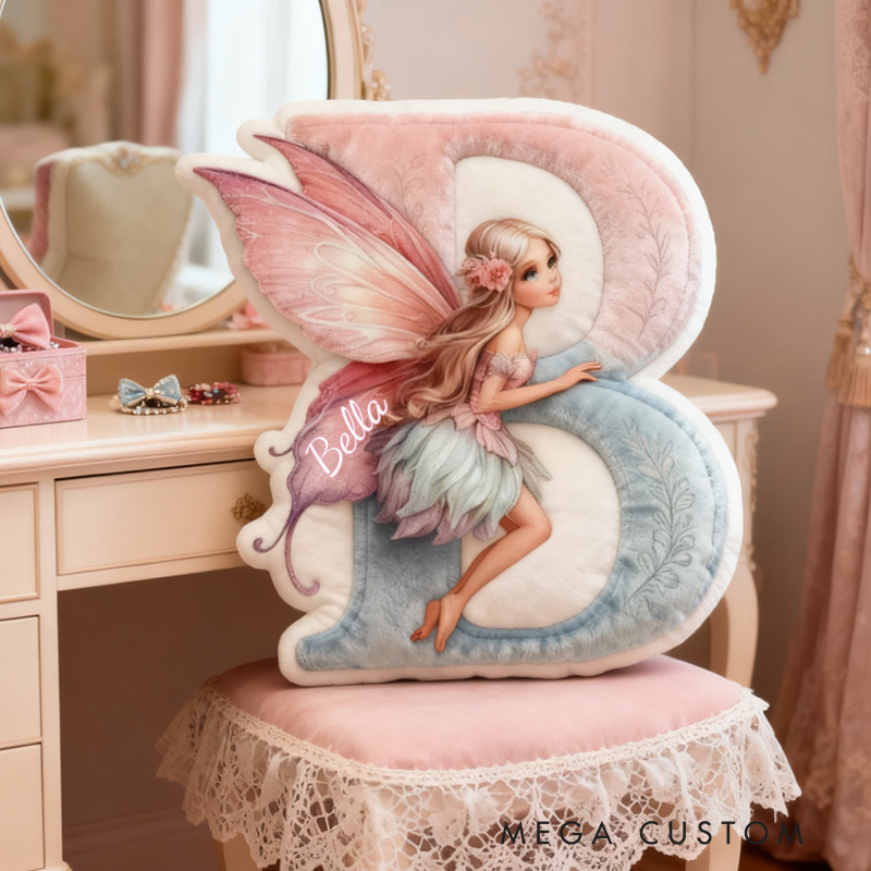 Personalized Fairy Alphabet Throw Pillow Graphic 3D Print Garden Fairy Letter Pillow with Name Pillow for Kids Girl Gardener Christmas Gifts Loving Room Decor