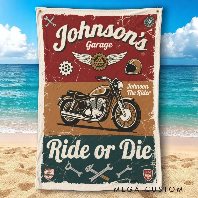 Personalized Vintage Motorcycle Garage Beach Towel Custom Name and Text Retro Biker Style Two Designs Available