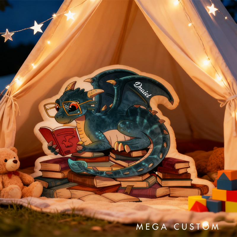 Personalized Reading Dragon Throw Pillow Graphic 3D Print Glasses Dragon Pillow with Name Book Pillow for Kids Boys Girls Book Lover Christmas Gift