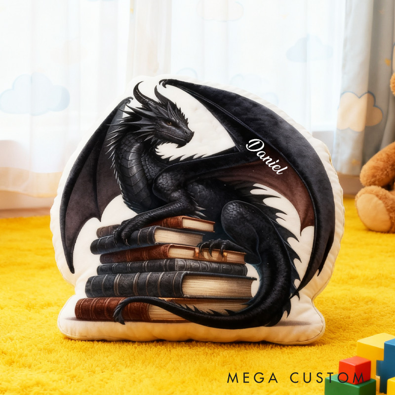Personalized Black Dragon Throw Pillow Graphic 3D Print Dragon and Book Pillow with Name Book Pillow for Kids Boys Girls Book Lover Christmas Gift