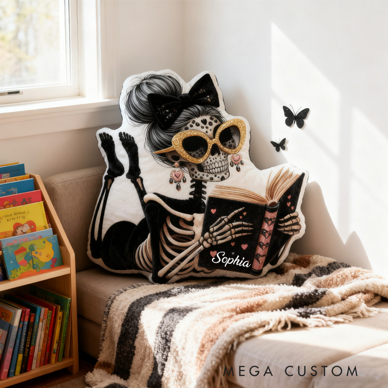 Personalized Reading Skeleton Throw Pillow Graphic 3D Print Fantasy Book Pillow with Name Book Pillow for Book Lover Christmas Gift