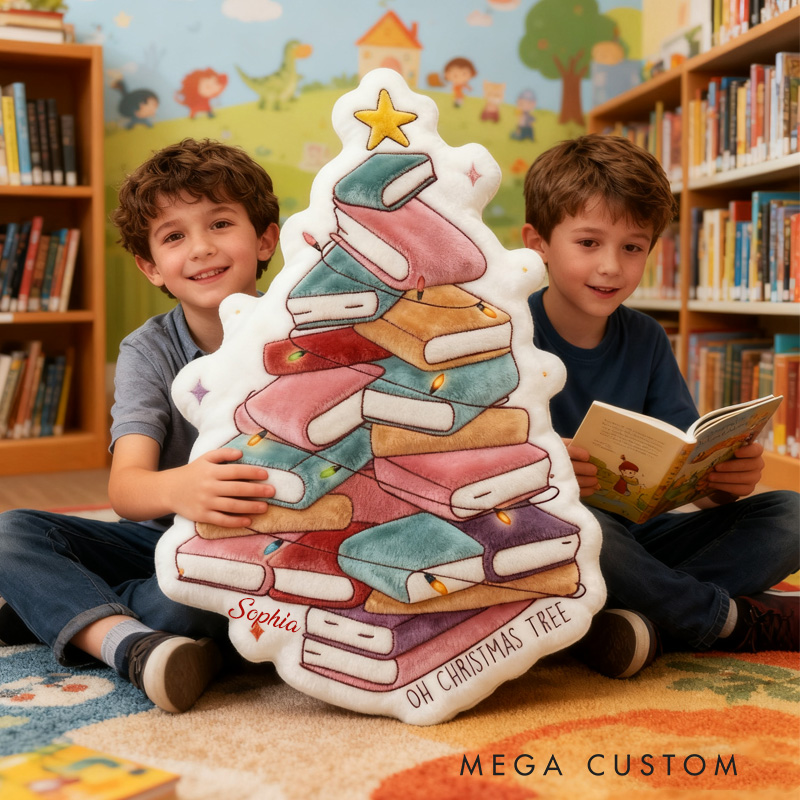 Personalized Book Christmas Tree Throw Pillow Graphic 3D Print Bookish Pillow with Name for Kids Boys Girl Book Lover Christmas Gift