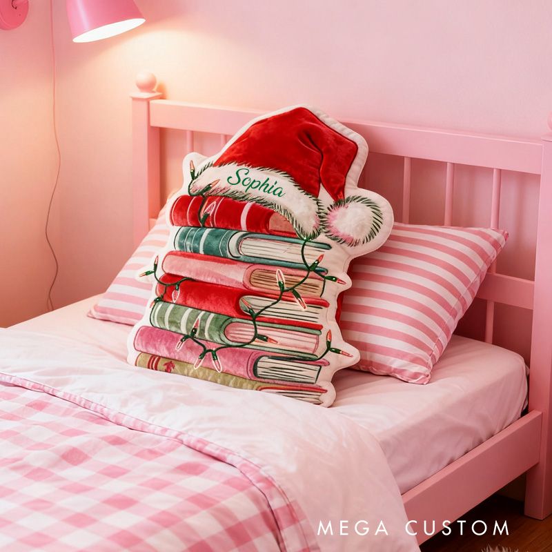 Personalized Christmas Books Throw Pillow Graphic 3D Print Bookish Pillow with Name for Kids Boys Girl Book Lover Christmas Gift