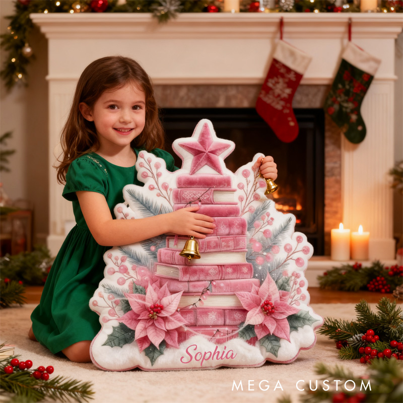 Personalized Christmas Book Tree Throw Pillow Graphic 3D Print Bookish Pillow with Name for Kids Boys Girl Book Lover Christmas Gift