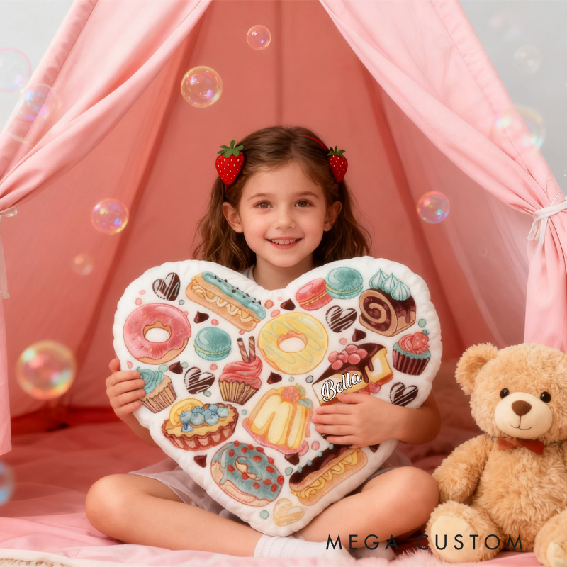 Personalized Dessert Heart Throw Pillow with Name Graphic 3D Print Donut Bread Pillow for Kids Girl Baker Christmas Gifts Loving Room Decor