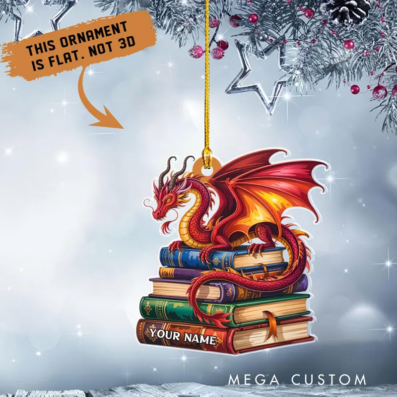 Personalized 2D FLAT Custom Name Book Dragon Ornament Dragon Christmas Gift For Book Lovers