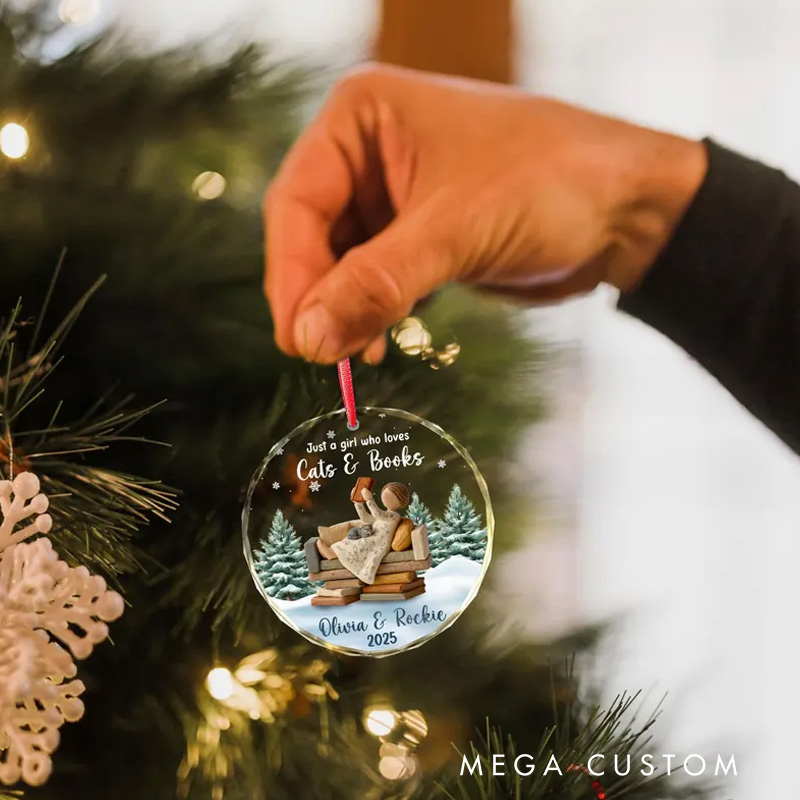 Personalized Cat and Book Lovers Ornament Custom Girl Reading Ornament with Cat Reading Christmas Ornament Bookworm Gift for Readers