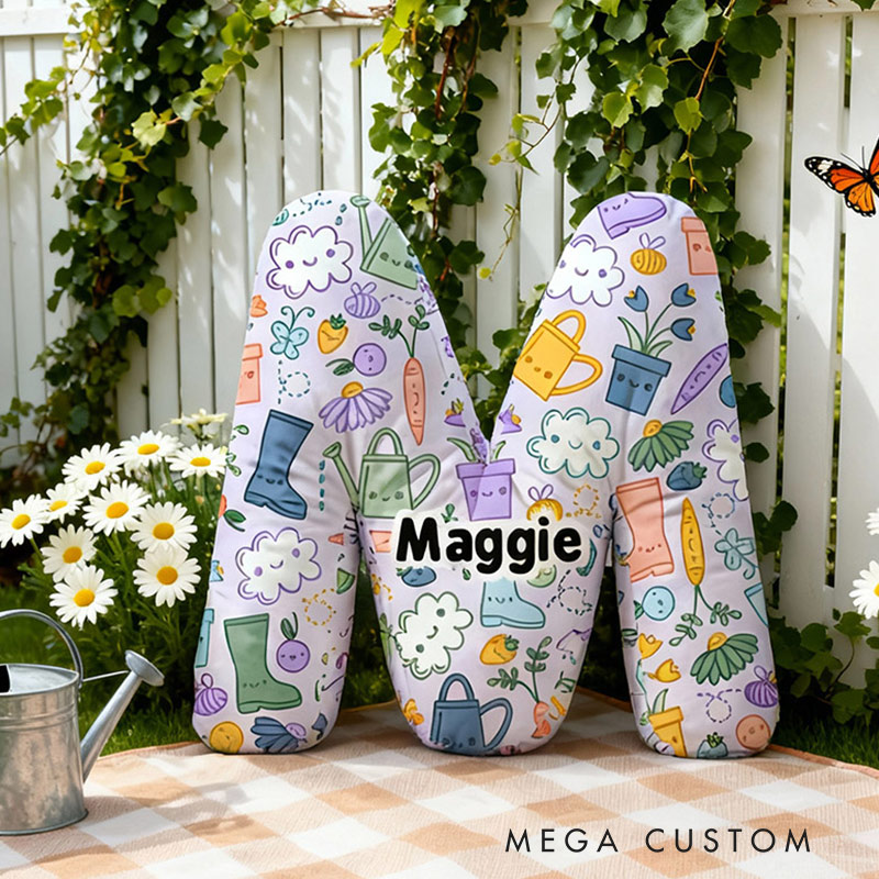 Personalized Initial Pillow Cloud Flower Pot Pattern Pillow Custom Name Pillow for Girls Gardening Lovers Gift 