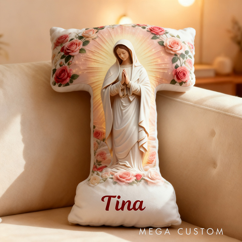 Personalized Blessed Virgin Mary Heavenly Letter Pillow with Custom Name Catholic Home Decor Our Lady Confirmation Mom Family Gift Graphic 3D Print