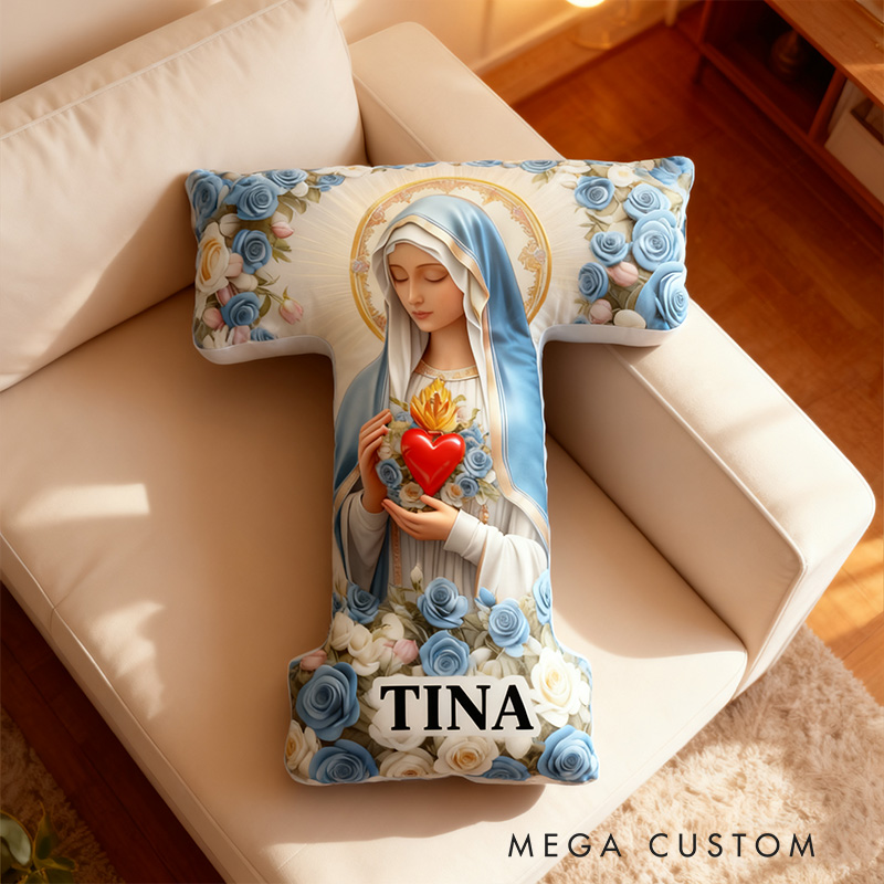 Personalized Sacred Heart Virgin Mary Letter Pillow with Custom Name Religious Catholic Gift for Her Mothers Day Gift Lady of Lourdes Graphic 3D Print