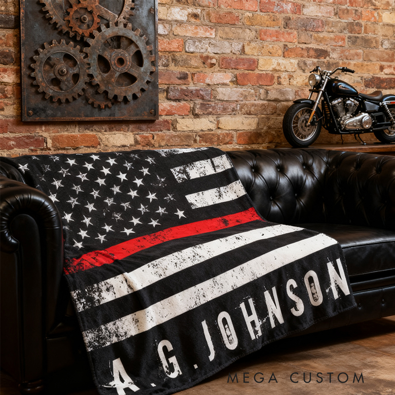 Personalized Police Style Distressed American Flag Custom Name Fleece Blanket Choose Color Thin Blue or Red Line Design Gifts