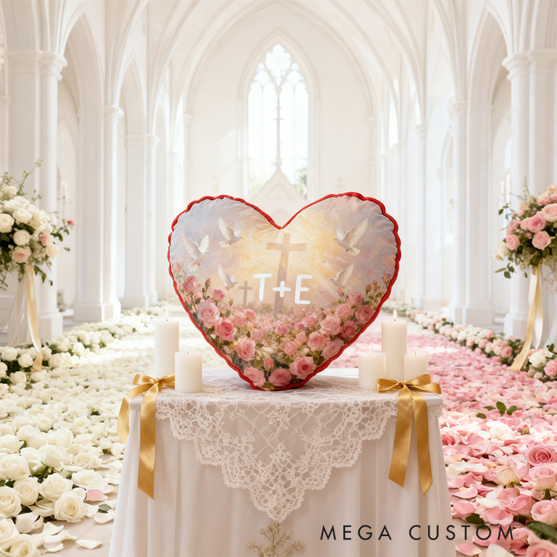 Personalized Cross and white Doves Valentine's Heart Pillow with Custom Name Home Decor Religious Faith Gift for Couple Valentine's Day Gift