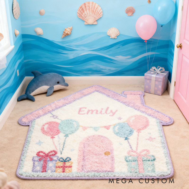 Personalized Rug for Kids Room House-Shaped Soft Plush Carpet Custom Name Floor Mat New Home Gifts