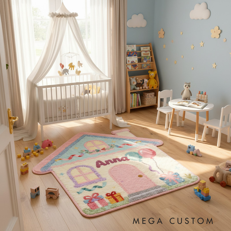 Personalized Rug for Kids Room House-Shaped Soft Plush Carpet Custom Name Floor Mat New Home Gifts