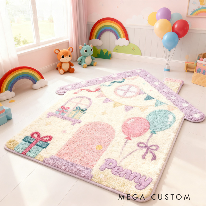 Personalized Rug for Kids Room House-Shaped Soft Plush Carpet Custom Name Floor Mat New Home Gifts
