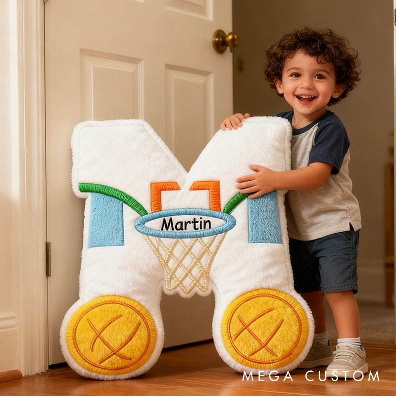 Personalized Sports Themed Letter Pillow with Custom Name and Hoop Design for Kids