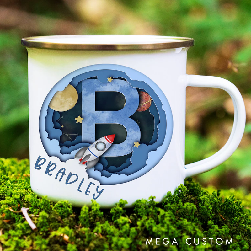 Personalised Alphabet Space Camp Mug Space Themed Boys Gift Enamel Cup Space and Planets Birthday Gift Space Cup