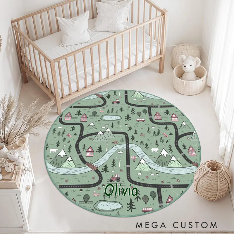 Personalized Mountain Forest Adventure Kids Room Rug Green Woodland Round Kids Rugs Road Child Playroom Mat Outdoor Lovers Gift