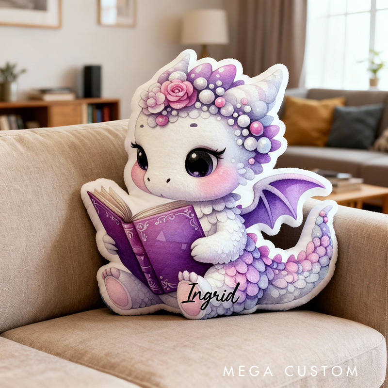 Personalized Reading Dragon Throw Pillow Graphic 3D Print Bookish Pillow with Name for Kids Boys Girl Book Lover Christmas Gift