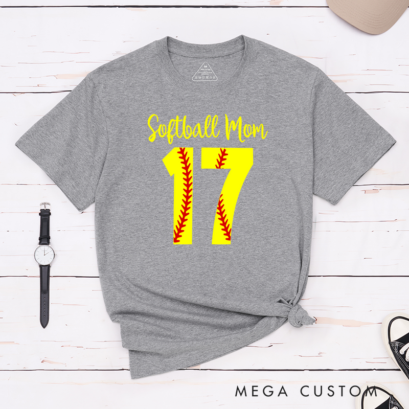 Personalized Softball Mom T-Shirt Design Featuring Customizable Player Number with Red Stitch Softball Pattern and Stylish Yellow Script Text