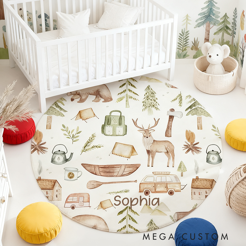 Personalized Woodland Camping Round Rug Kids Playroom Decor Mountain Forest Adventure Kids Room Rug Outdoor Lovers Gift