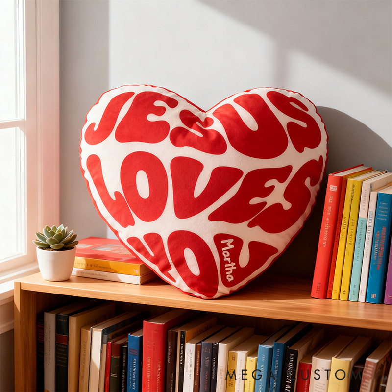 Personalized Jesus Loves You Heart Pillow with Custom Name Religious Home Decor Happy Valentine's Day Gift Graphic 3D Print Pillow