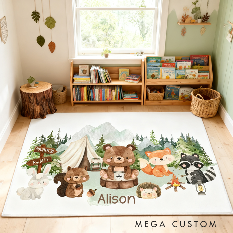 Personalized Woodland kid rug Forest kid decor Area rug for kids room  Camping rug  Camping Critters Rug Outdoor Lovers Gift