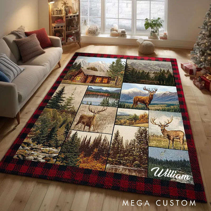 Personalized Deer and Mountain Landscape Rug Rustic Cabin Area Carpet Nature Lodge Home Decor Gift Deer Forest Holiday Home Decor Xmas Decor Rug