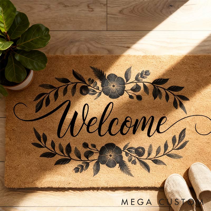 Personalized Blue Floral Welcome Doormat Last Name Doormat Custom Door Mats Welcome Doormat for Garden Lovers