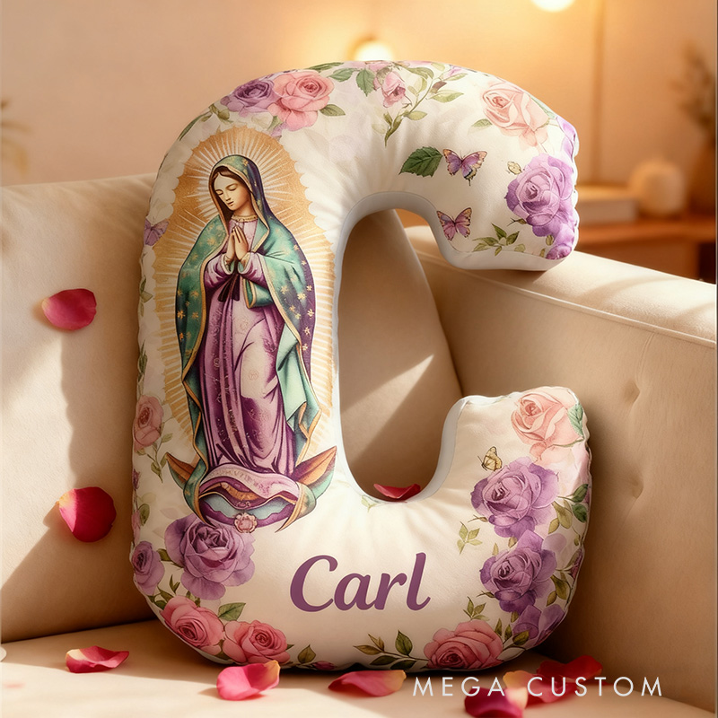Personalized Our Lady of Guadalupe Purple Letter Pillow with Custom Name Religious Home Decor Catholic Gift Mom Virgen de Guadalupe Graphic 3D Print