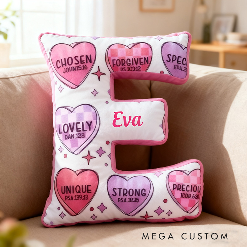 PersonalizedBible Verse Heart Shaped Letter Pillow with Custom Name Religious Home Decor Christian Gift Valentine Gift Encouragement Graphic 3D Print