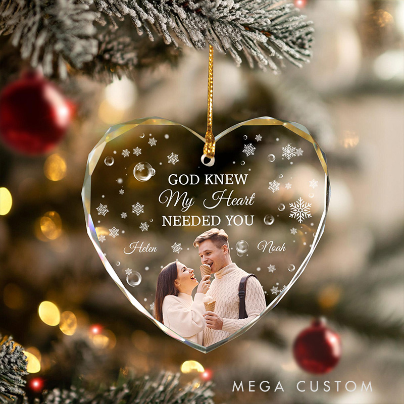 Personalized God Knew My Heart Needed You Couple Christmas Glass Ornament with Custom Name and Photo Romantic Holiday Gift Anniversary Gift for Couple