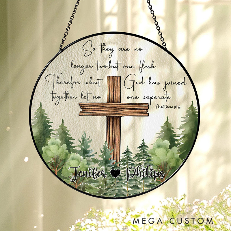 Personalized Christian Wedding Stained Glass Suncatcher Ornament with Custom Name Cross Window Hanging Decor Religious Gift for Couple Wedding Gift