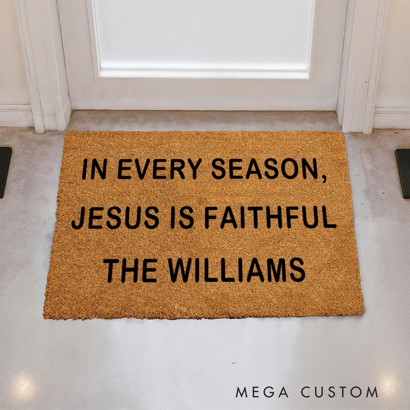 Personalized in Every Season Jesus is Faithful Doormat with Custom Family Name Non-Slip Durable Front Door Decor Christian Welcome Mat Religious Gift