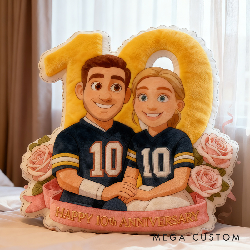 Personalized 10th Anniversary Football Player Pillow with Custom Couple Portrait and Romantic Floral Design Anniversary Gift Valentines Day