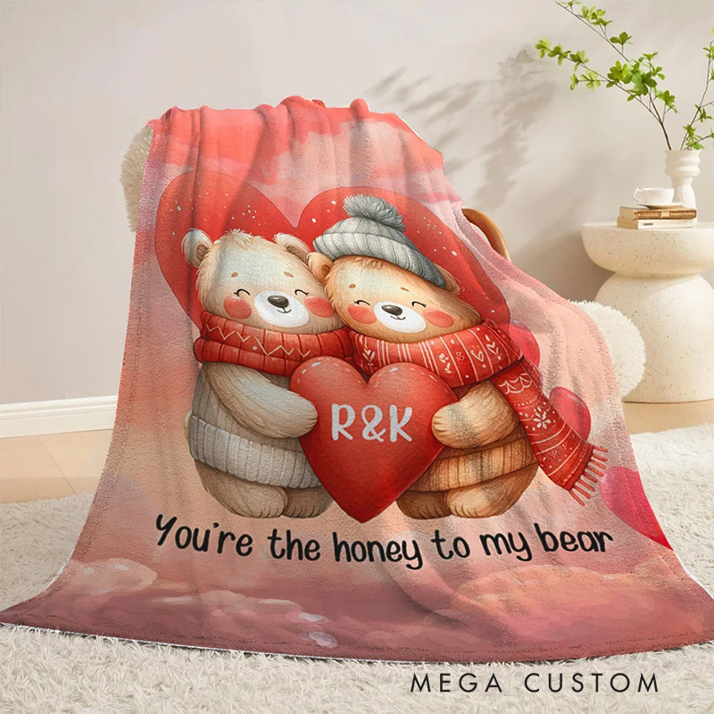 Personalized God Knew My Heart Needed You Cartoon Couple Bear in Love Soft Throw Blanket with Intial & Text Home Decor Valentine's Day Gift for Couple