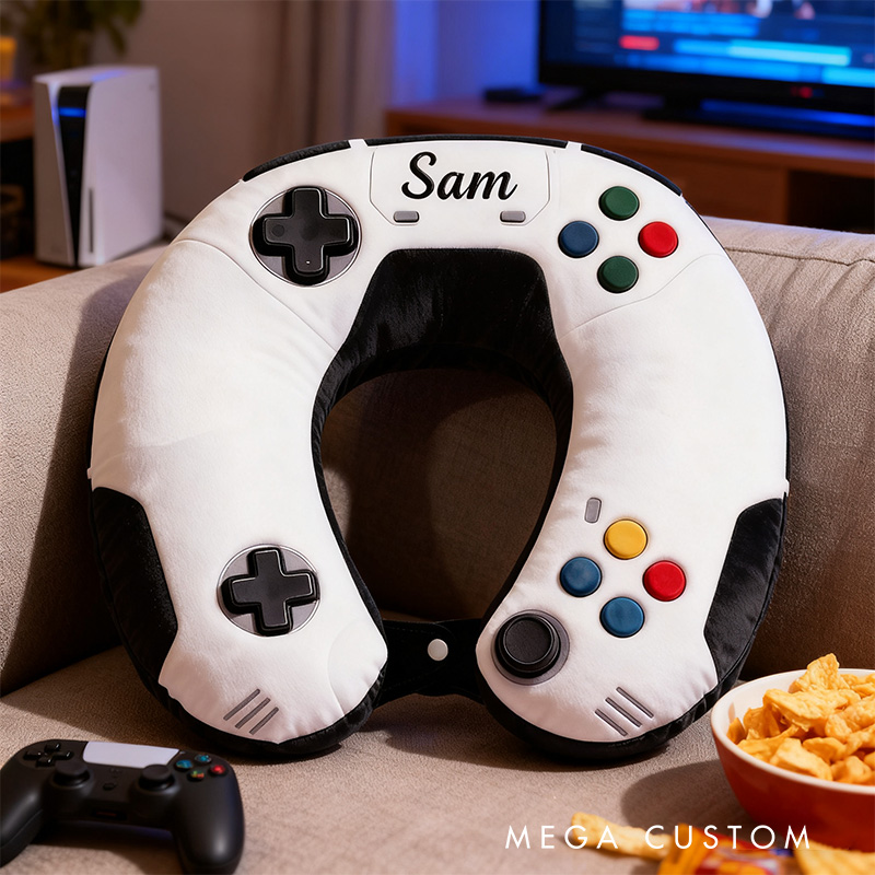 Personalized Graphic 3D Print Game Controller U-Shaped Pillow with Custom Name for Game Lovers Travel Neck Pillow Christmas Gift for Kids