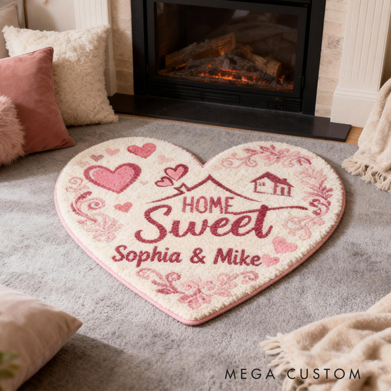 Personalized Home Sweet Home Doormat Custom Heart-Shaped Name Rug for Couples New Home Gifts Valentine's Day Gifts