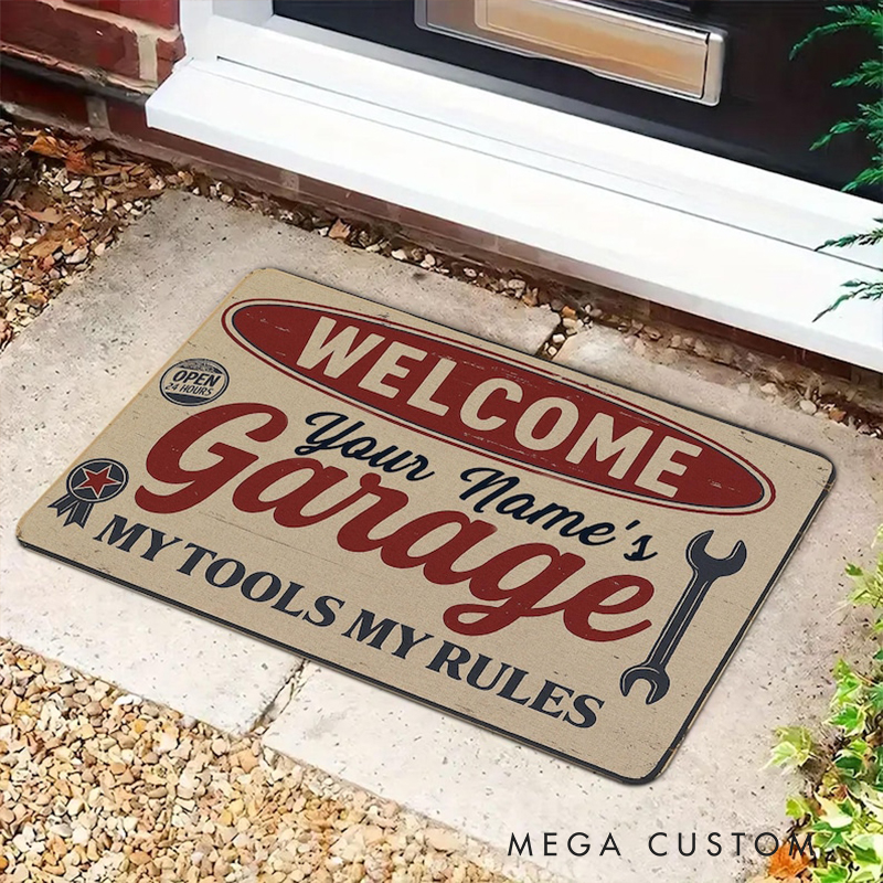 Personalized Garage Doormat Custom Name Welcome Mat My Tools My Rules Design Coir Welcome Mat for Car Lovers