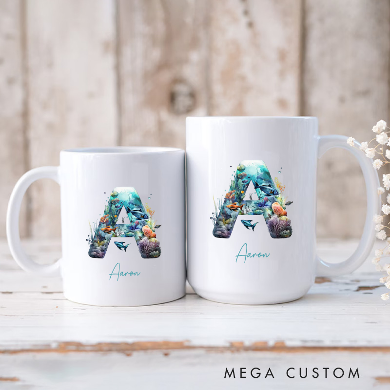 Personalized Fishing Mug Coffee Mug Ocean Fish Letter Design Custom Name Unique Gift for Anglers and Sea Life Lovers