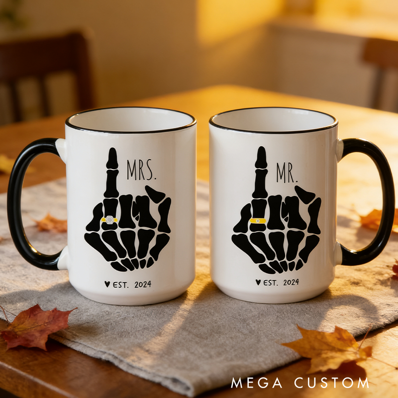 Personalized Geek Funny Mr and Mrs Mug Skeleton Hand Couple Coffee Mug Set Goth Engagement Gift for Geek