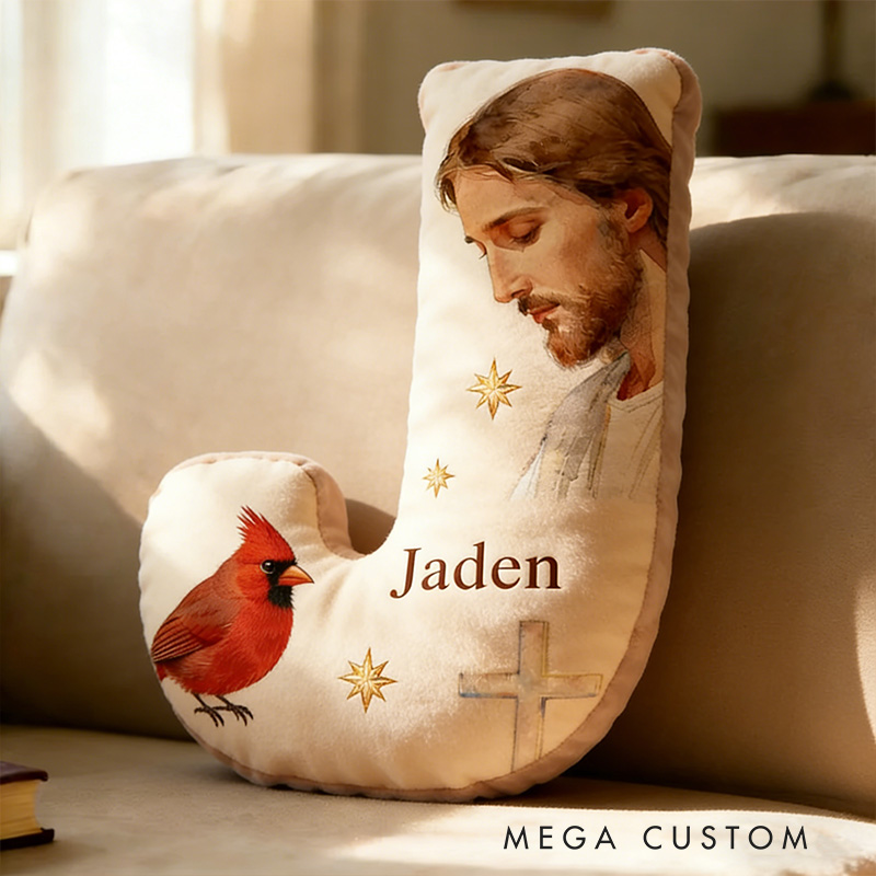 Personalized Jesus with Cardinals Letter Pillow with Custom Name Religious Home Decor Jesus Christ Graphic 3D Print Pillow Christian Gift Faith Gift