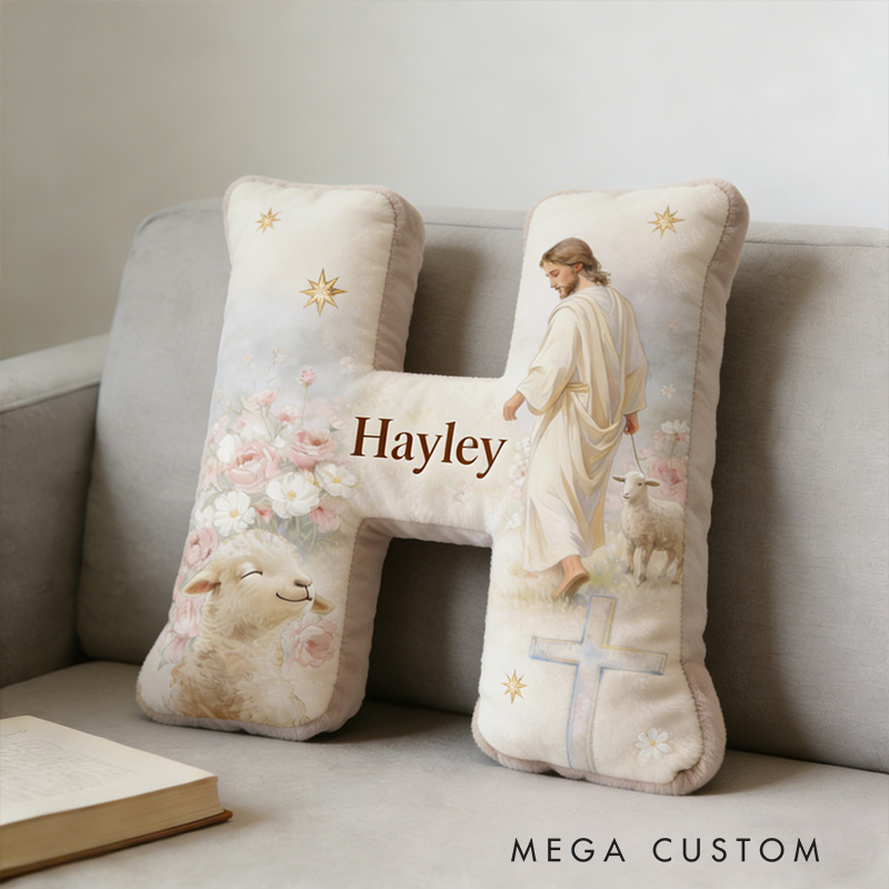 Personalized Jesus and Lamb Letter Pillow with Custom Name Religious Home Decor The Lost Sheep Graphic 3D Print Pillow Jesus Good Shepherd Faith Gift